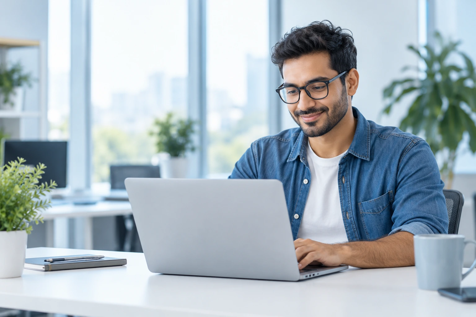 Web developer in a denim shirt working on a laptop