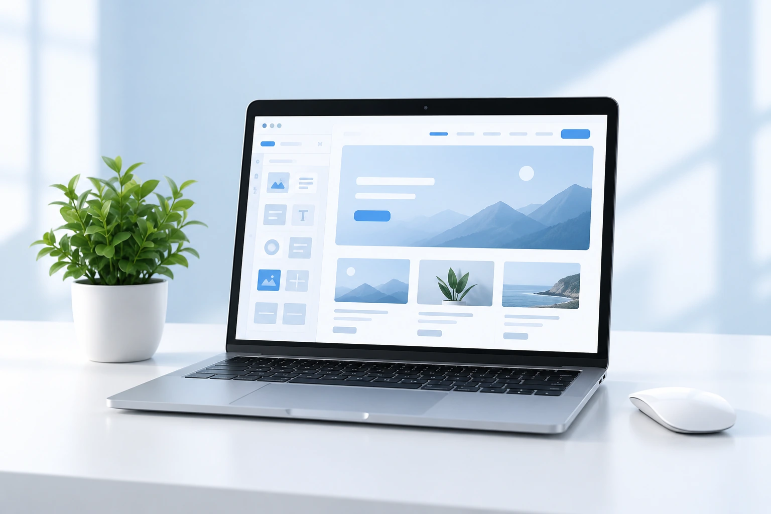 Silver laptop with a clean website editor on a bright desk